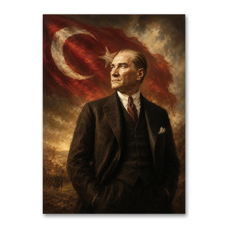 Atatürk ve Dalgalanan Türk Bayrağı Kanvas Tablo