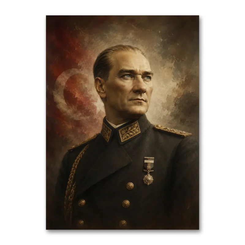 Atatürk ve Türk Bayrağı Yağlı Boya Kanvas Tablo