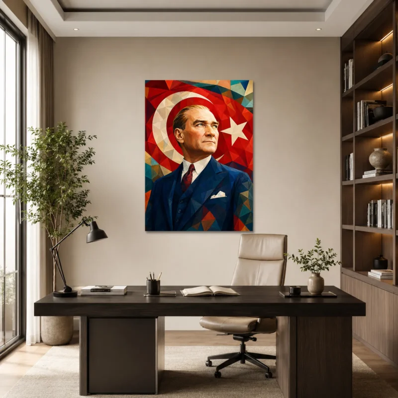Geometrik Atatürk Portresi ve Türk Bayrağı Kanvas Tablo - ürün görseli 1