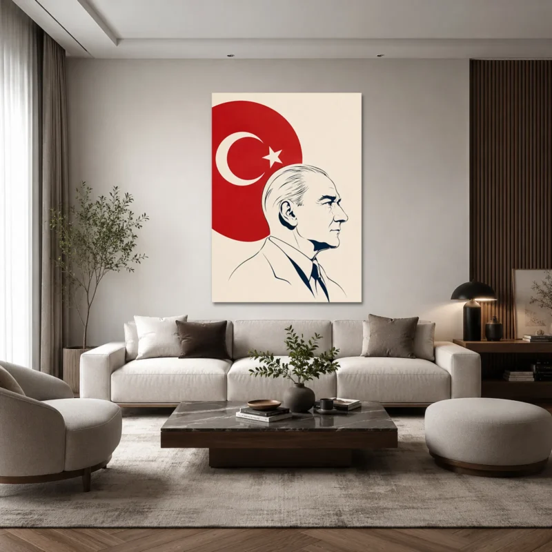 Çizgisel Atatürk Portresi ve Türk Bayrağı Minimalist Kanvas Tablo - ürün görseli 1