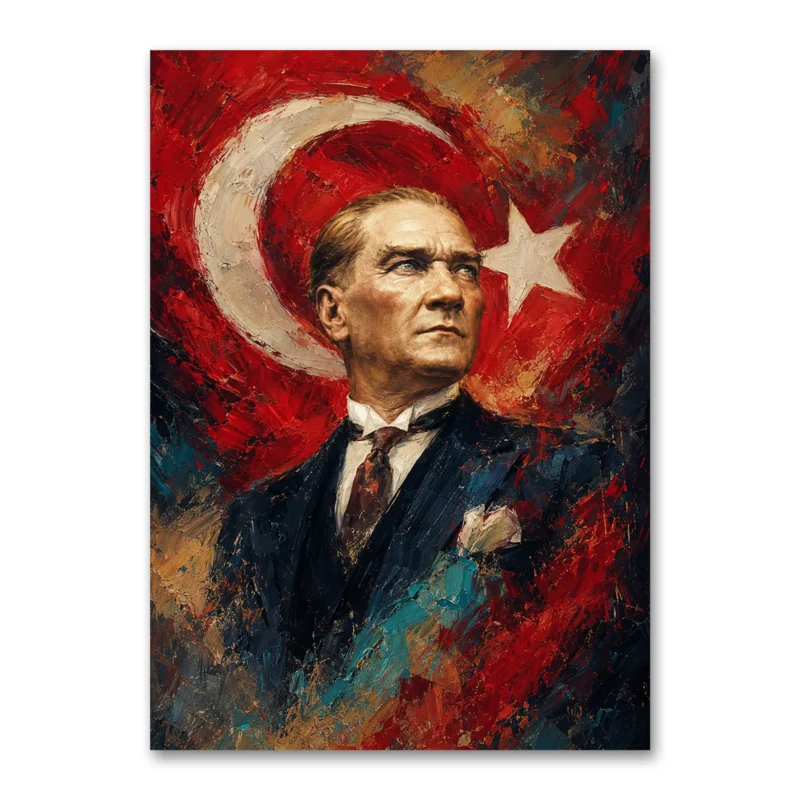 Ekspresif Atatürk Portresi ve Türk Bayrağı Kanvas Tablo