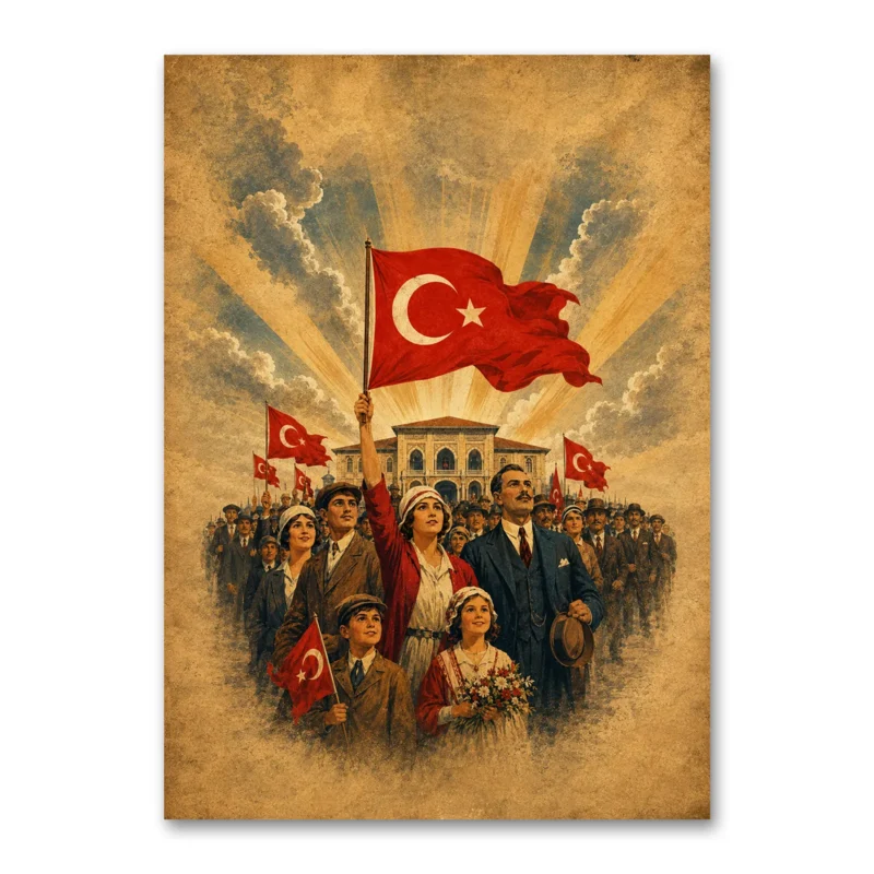 Cumhuriyet Coşkusunda Türk Bayrağı ve Halk Kanvas Tablo