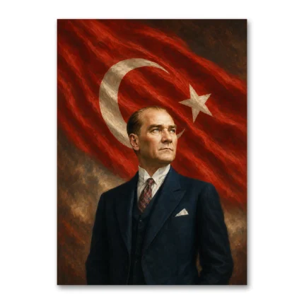 Dalgalanan Türk Bayrağı Önünde Atatürk Portresi Kanvas Tablo