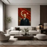 Dalgalanan Türk Bayrağı Önünde Atatürk Portresi Kanvas Tablo - ürün görseli 1