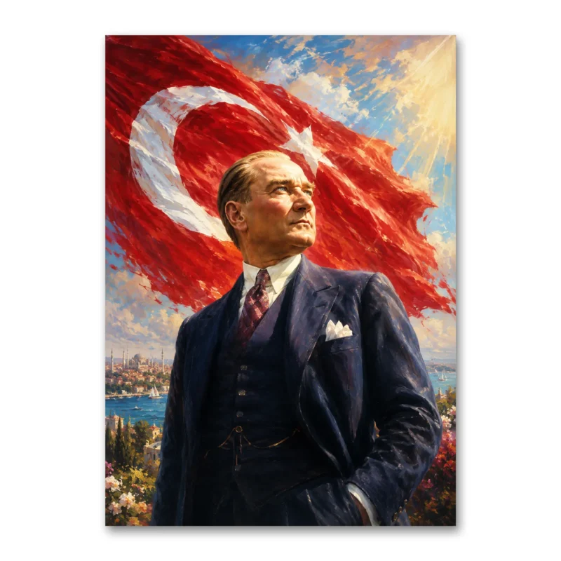 İstanbul Manzaralı Atatürk ve Türk Bayrağı Kanvas Tablo