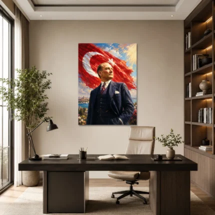 İstanbul Manzaralı Atatürk ve Türk Bayrağı Kanvas Tablo - ürün görseli 1