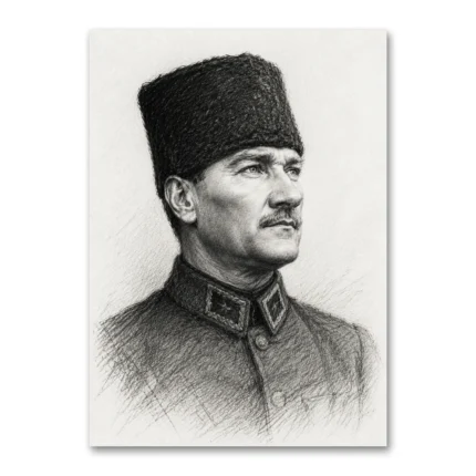 Kalpaklı Atatürk Karakalem Portresi Kanvas Tablo