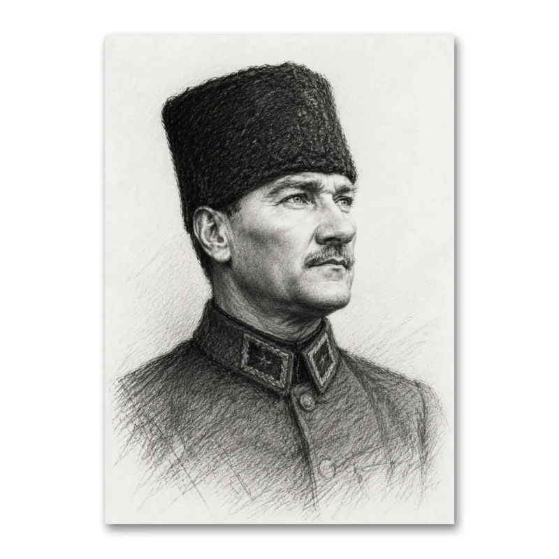 Kalpaklı Atatürk Karakalem Portresi Kanvas Tablo