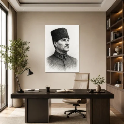 Kalpaklı Atatürk Karakalem Portresi Kanvas Tablo - ürün görseli 1