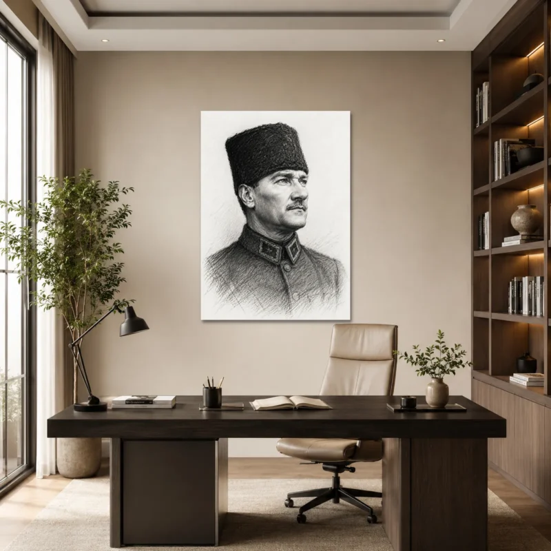 Kalpaklı Atatürk Karakalem Portresi Kanvas Tablo - ürün görseli 1