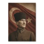 Kalpaklı Atatürk Portresi ve Türk Bayrağı Sepya Kanvas Tablo