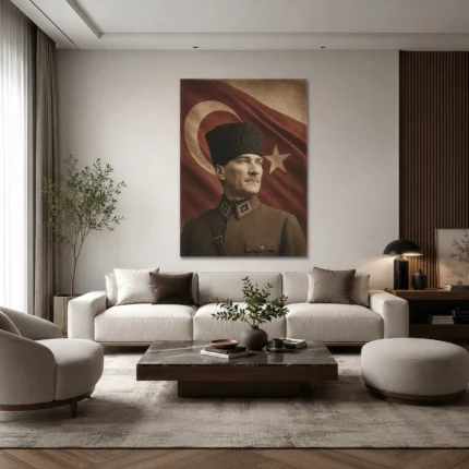 Kalpaklı Atatürk Portresi ve Türk Bayrağı Sepya Kanvas Tablo - ürün görseli 1