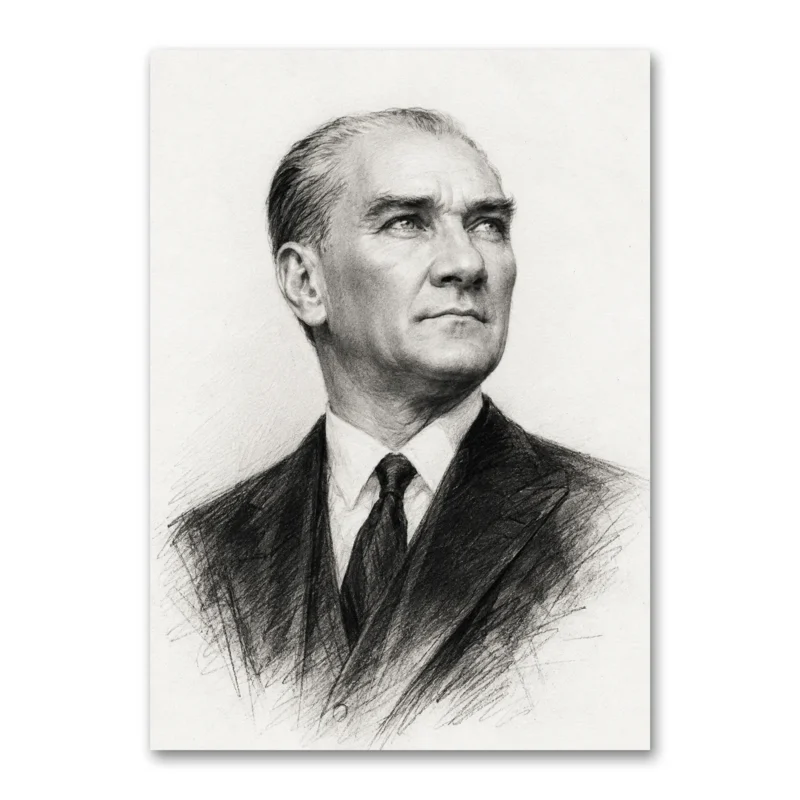Karakalem Atatürk Portresi Siyah Beyaz Kanvas Tablo
