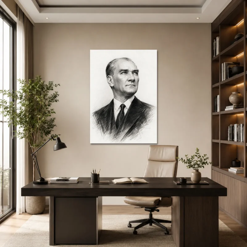 Karakalem Atatürk Portresi Siyah Beyaz Kanvas Tablo - ürün görseli 1