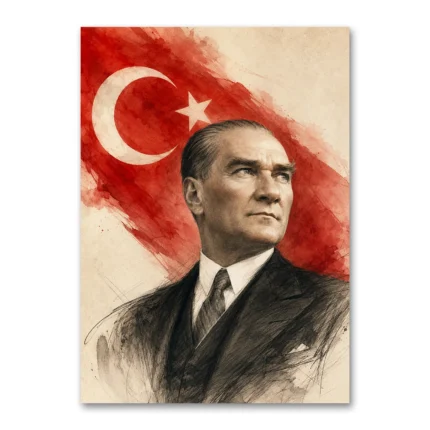 Karakalem Atatürk Portresi ve Türk Bayrağı Kanvas Tablo