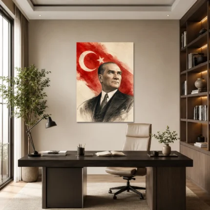 Karakalem Atatürk Portresi ve Türk Bayrağı Kanvas Tablo - ürün görseli 1