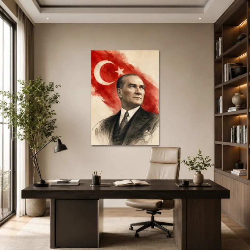 Karakalem Atatürk Portresi ve Türk Bayrağı Kanvas Tablo - ürün görseli 1