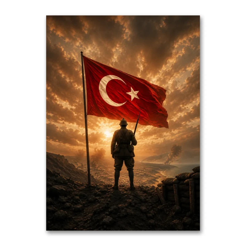 Türk Bayrağı Önünde Nöbet Tutan Mehmetçik Kanvas Tablo