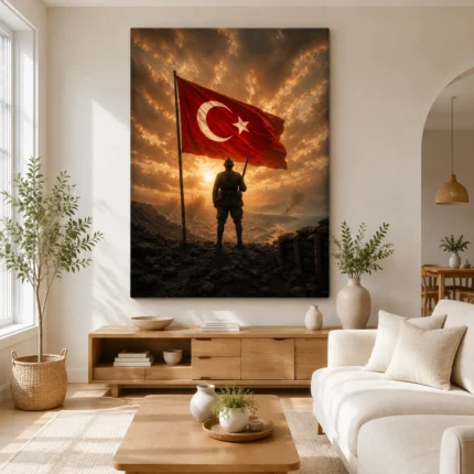 Türk Bayrağı Önünde Nöbet Tutan Mehmetçik Kanvas Tablo - ürün görseli 1