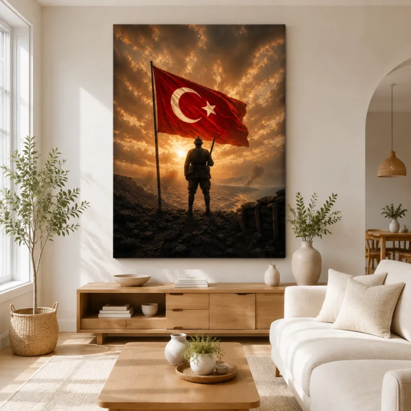 Türk Bayrağı Önünde Nöbet Tutan Mehmetçik Kanvas Tablo - ürün görseli 1