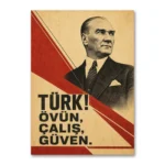 Türk Övün Çalış Güven Vintage Atatürk Kanvas Tablo