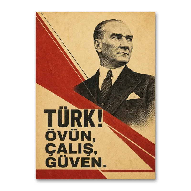 Türk Övün Çalış Güven Vintage Atatürk Kanvas Tablo