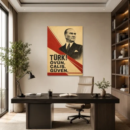 Türk Övün Çalış Güven Vintage Atatürk Kanvas Tablo - ürün görseli 1