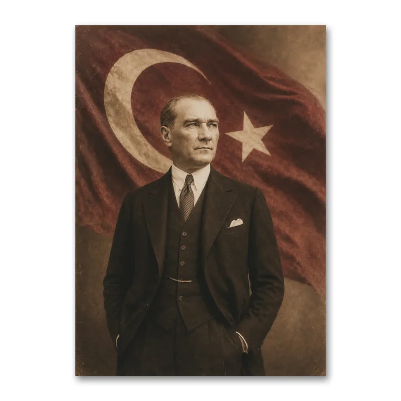 Vintage Sepya Atatürk Portresi ve Türk Bayrağı Kanvas Tablo