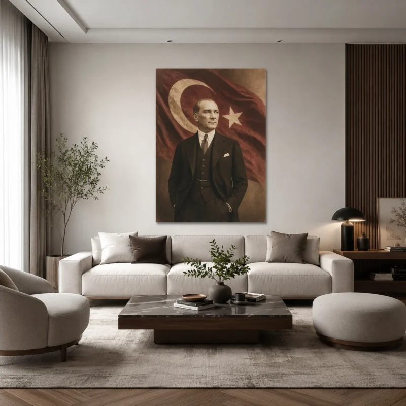Vintage Sepya Atatürk Portresi ve Türk Bayrağı Kanvas Tablo - ürün görseli 1