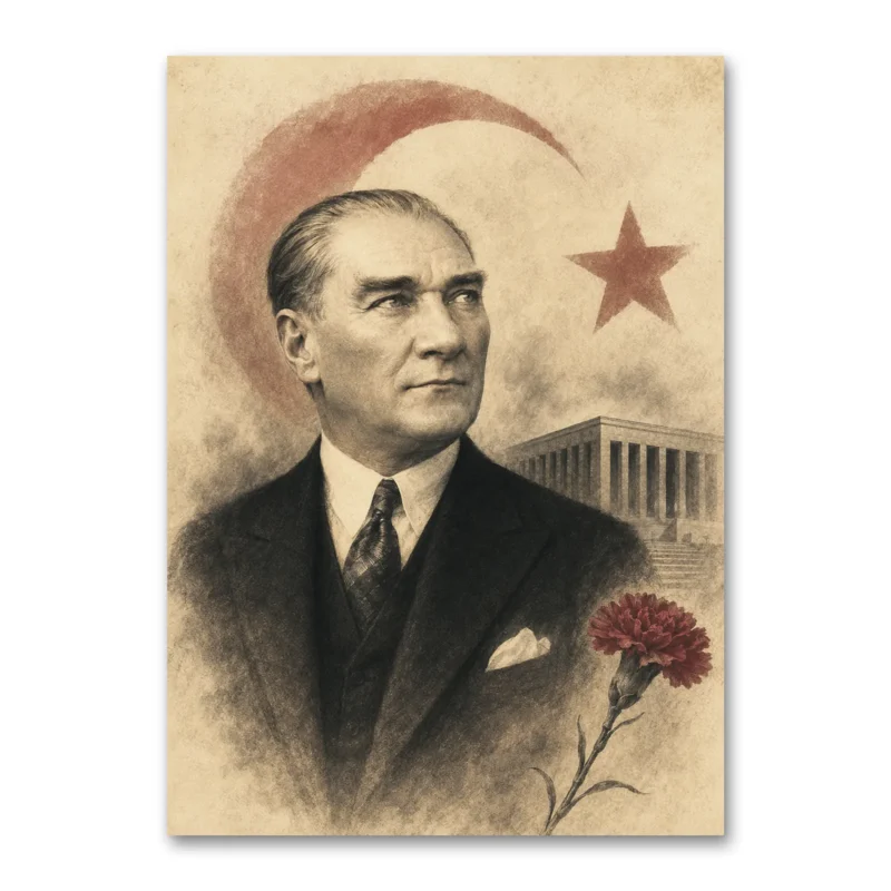 10 Kasım Atatürk Anma Portresi Karanfil ve Anıtkabir Kanvas Tablo