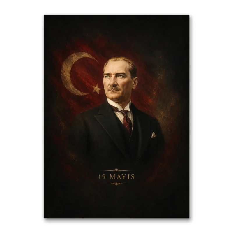 19 Mayıs Atatürk ve Türk Bayrağı Premium Klasik Kanvas Tablo