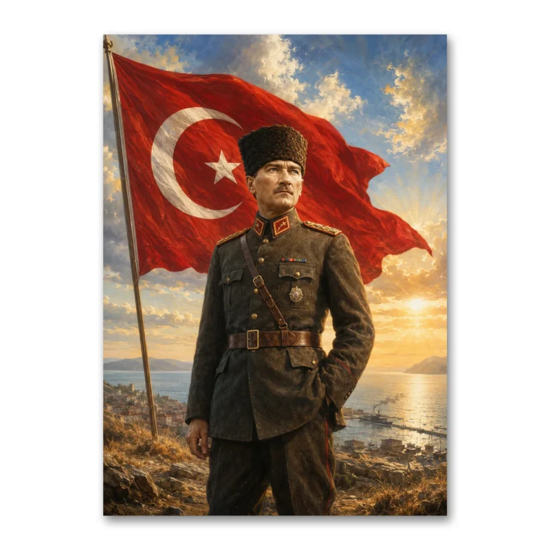 19 Mayıs Atatürk ve Türk Bayrağı Yağlı Boya Kanvas Tablo
