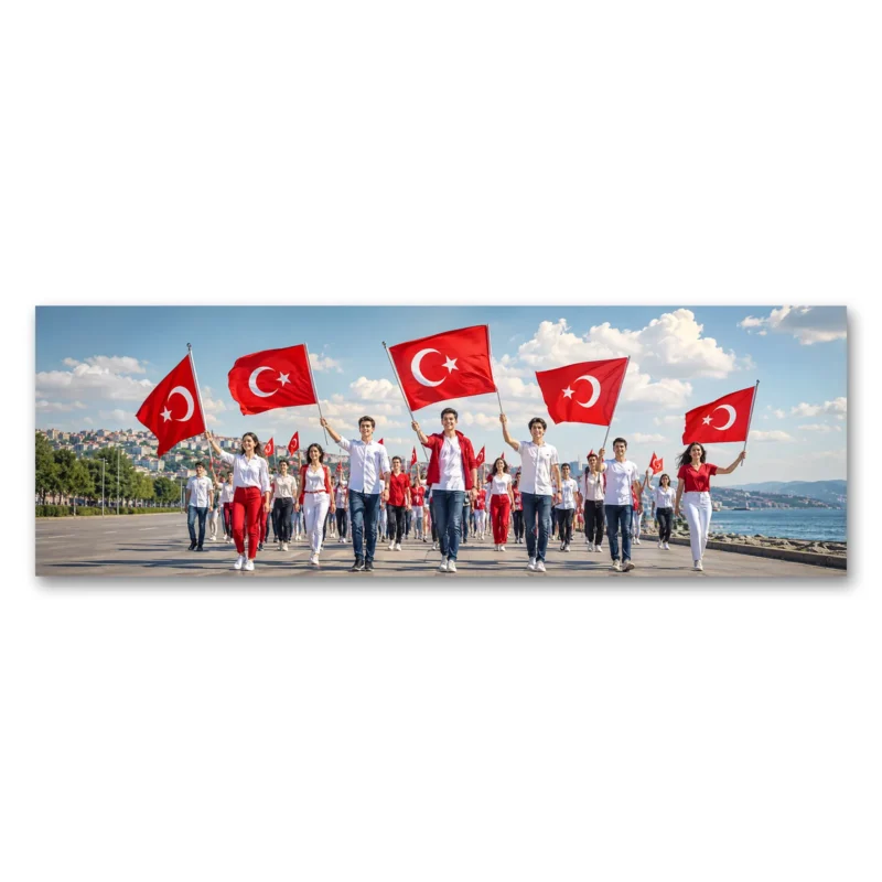 19 Mayıs Gençlik Yürüyüşü Türk Bayrakları Panoramik Kanvas Tablo