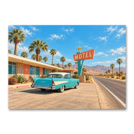1950'ler Retro Motel ve Klasik Amerikan Otomobili Kanvas Tablo