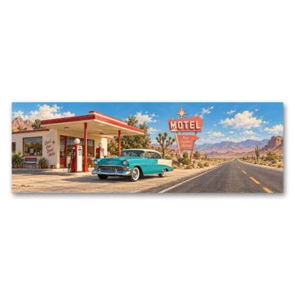 1950'ler Route 66 Motel ve Klasik Otomobil Kanvas Tablo