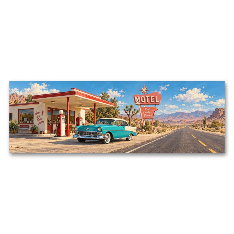 1950'ler Route 66 Motel ve Klasik Otomobil Kanvas Tablo