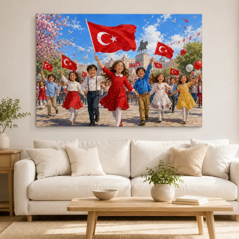 23 Nisan Bayram Coşkusu Çocuklar ve Türk Bayrakları Kanvas Tablo - ürün görseli 1