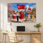 23 Nisan Bayram Coşkusu Çocuklar ve Türk Bayrakları Kanvas Tablo - ürün görseli 2