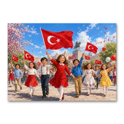 23 Nisan Bayram Coşkusu Çocuklar ve Türk Bayrakları Kanvas Tablo