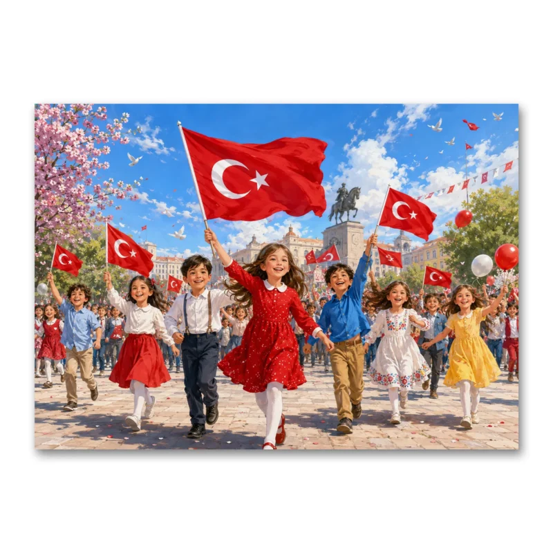 23 Nisan Bayram Coşkusu Çocuklar ve Türk Bayrakları Kanvas Tablo