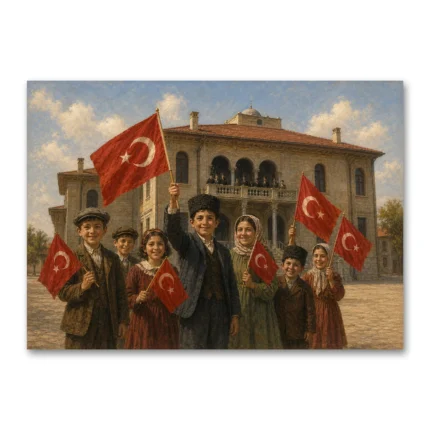 23 Nisan Coşkusu Çocuklar ve Türk Bayrağı Kanvas Tablo