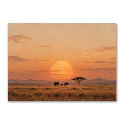 Afrika Gün Batımı ve Filler Kanvas Tablo