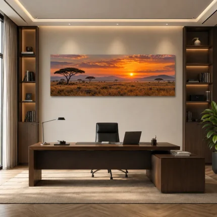 Afrika Savan Gün Batımı Panoramik Kanvas Tablo - ürün görseli 1