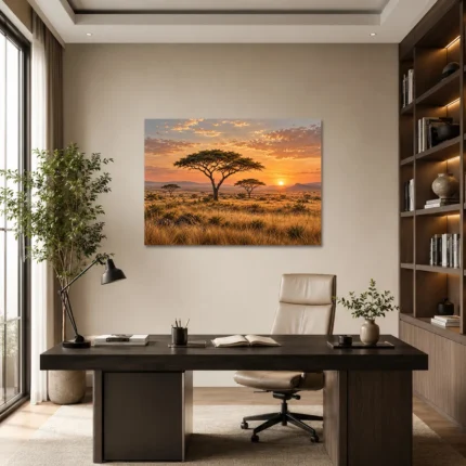 Afrika Savanında Gün Batımı Akasya Ağacı Kanvas Tablo - ürün görseli 1