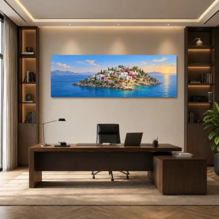 Akdeniz Adası Gün Batımı Panoramik Kanvas Tablo - ürün görseli 1