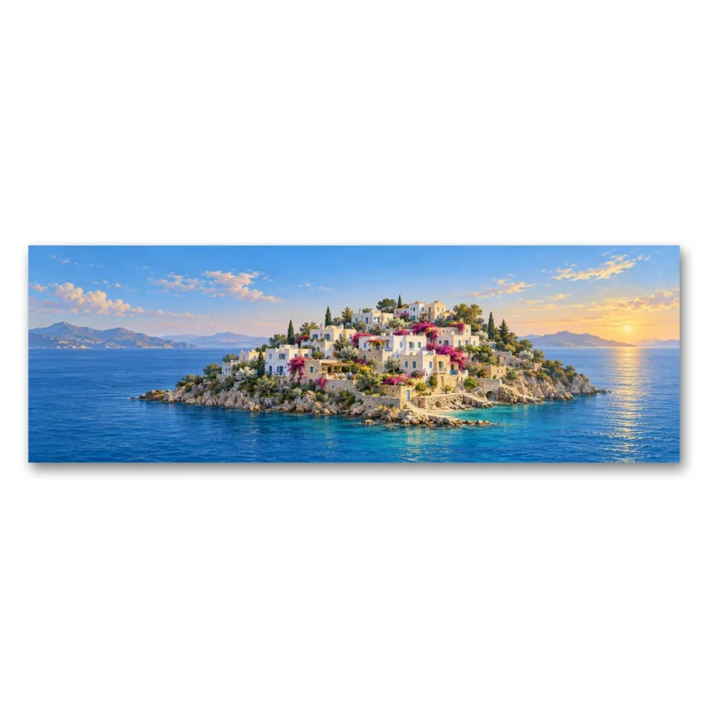 Akdeniz Adası Gün Batımı Panoramik Kanvas Tablo