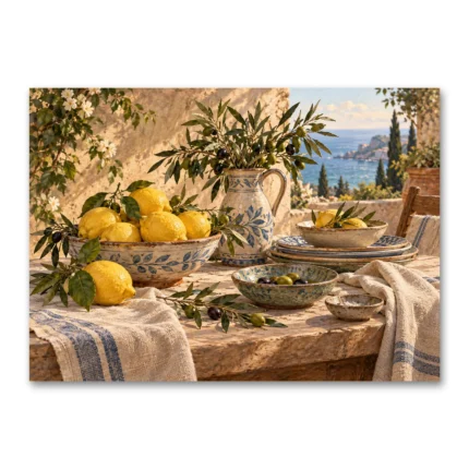 Akdeniz Sofrasında Limon ve Zeytin Kanvas Tablo