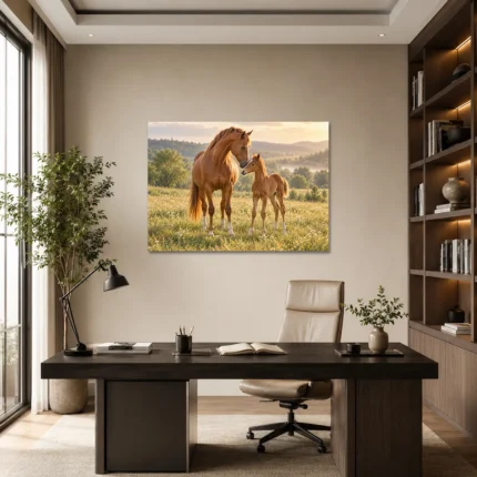 Anne ve Yavru At Gün Batımı Kanvas Tablo - ürün görseli 1
