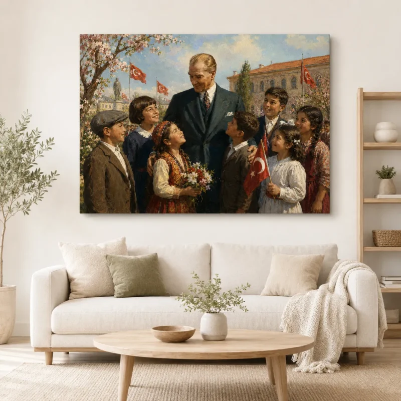 Atatürk ve Çocuklar 23 Nisan Bayramı Kanvas Tablo - ürün görseli 1