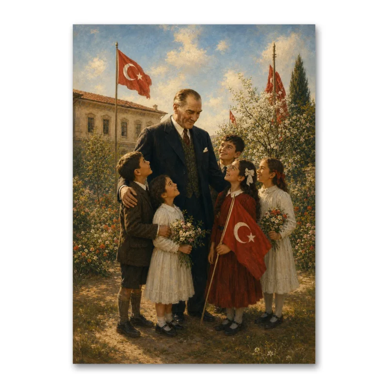 Atatürk ve Çocuklar 23 Nisan Yağlı Boya Kanvas Tablo